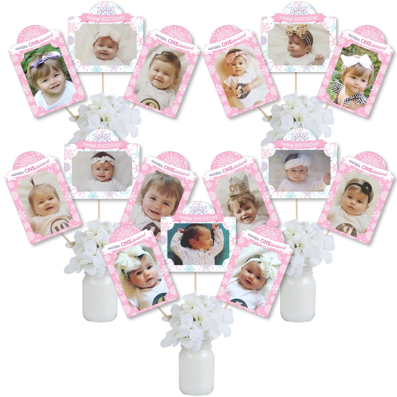 Big Dot of Happiness Pink Snowflakes 1st Birthday - Girl Winter ONEderland Party Picture Centerpiece Sticks - Photo Table Toppers - 15 Pieces